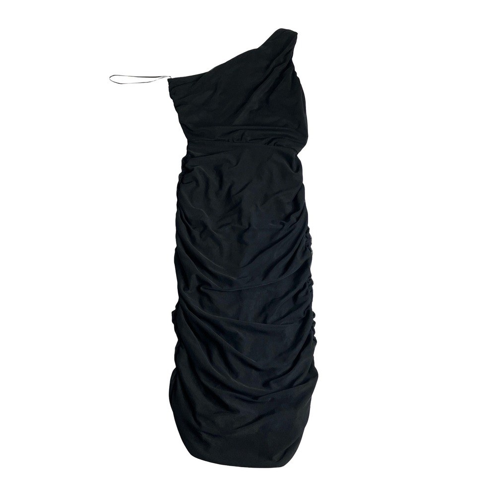 Love X Design Bodycon Dress Womens Medium Black One Shoulder Ruched Mesh Drapey